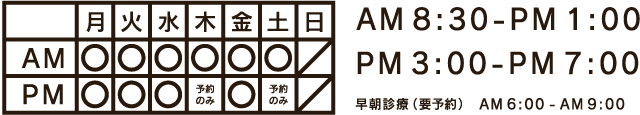 AM8:30 - PM1:00　PM3:00 - PM7:00 早朝診療（要予約）　AM6:00 - AM9:00